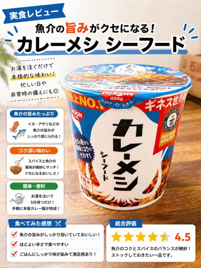 カレーメシシーフードのパッケージと魚介の旨みおすすめポイント