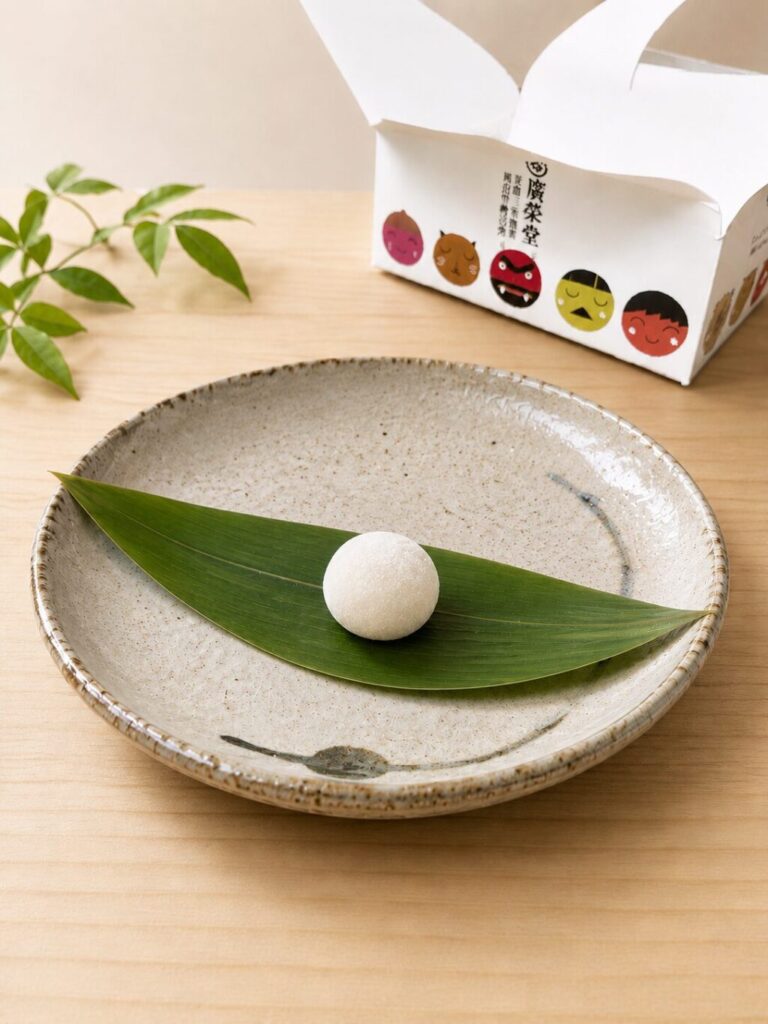 笹の葉に乗せた廣榮堂のきびだんご（もちもちの求肥）