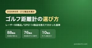 ゴルフ距離計の選び方をまとめたアイキャッチ。レーザー98製品・GPS114製品の集計結果