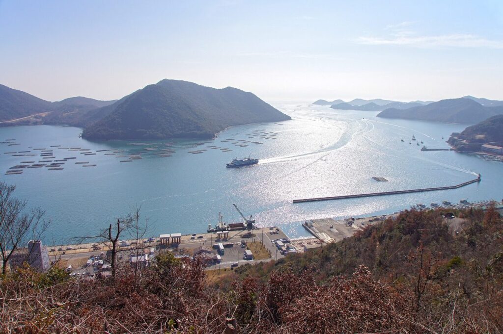 日生湾に並ぶ牡蠣の養殖いかだ