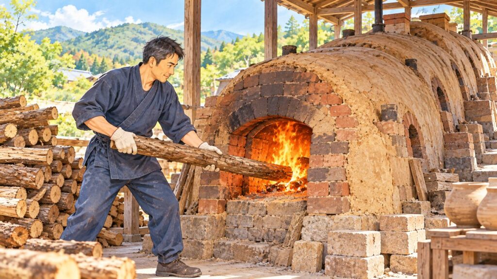 登り窯の焚き口の前で、職人が長い薪を窯の中へくべている様子。焚き口の奥に赤い炎が見える