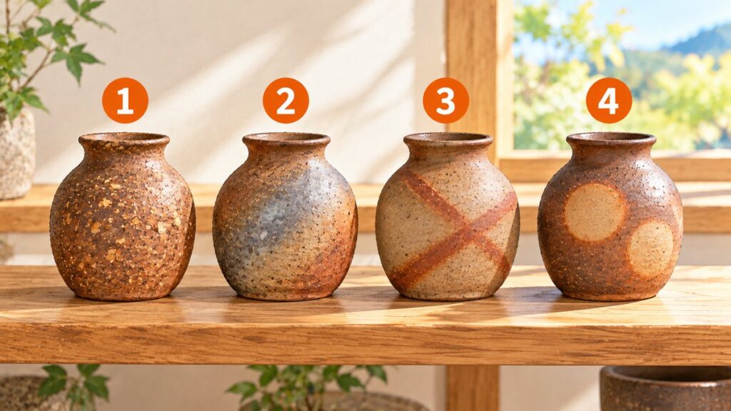 4つの備前焼の器が並び、左からゴマ状の粒が付いた器、灰色に色が変わった器、赤い線が入った器、丸い跡が残る器