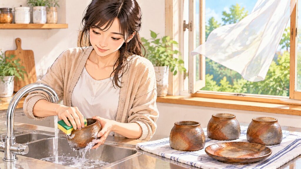 備前焼の器をスポンジで洗い、布巾の上に伏せずに並べて風通しよく乾かしている様子