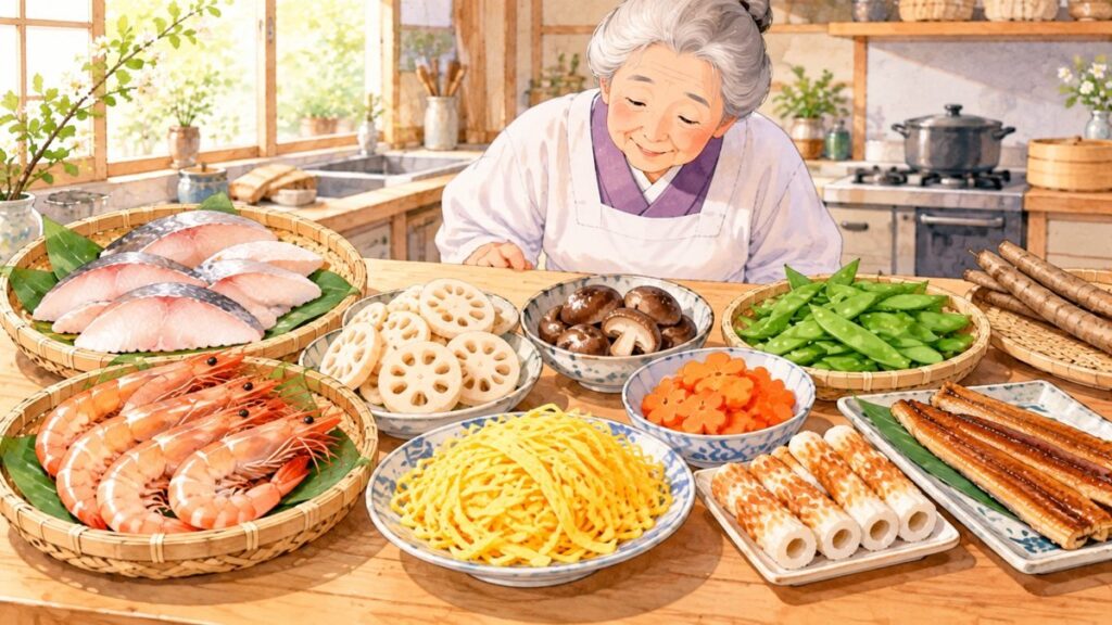 木の台の上に、魚の切り身、殻付きのえび、輪切りのれんこん、卵、さやえんどう、干ししいたけが並んでいる様子