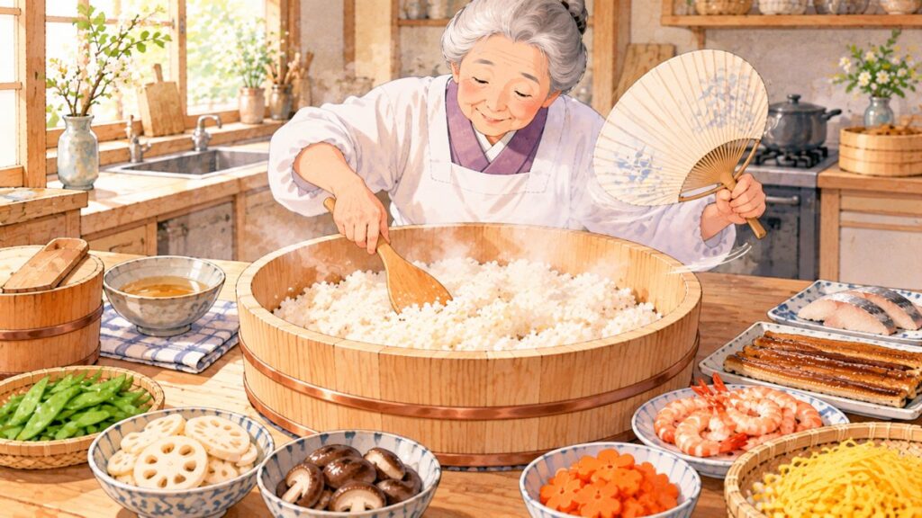 木の寿司桶に入ったご飯を、しゃもじで切るように混ぜながら、もう片方の手に持った扇で扇いでいる様子