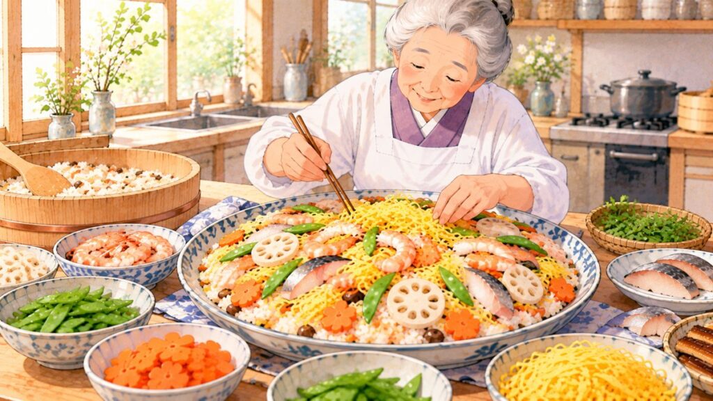 大きな器に盛った具入りの酢飯の上に、錦糸卵を広げ、えびやれんこん、さやえんどうを彩りよく飾っている様子