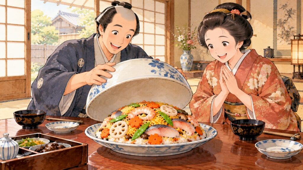 江戸時代の着物姿の夫婦が、大きな器のふたを開けると色とりどりの具をのせたすしが現れ、うれしそうに見つめる様子