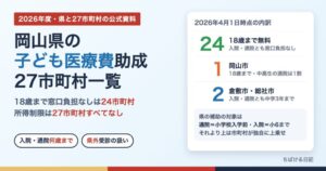 岡山県の子ども医療費助成 27市町村一覧（18歳まで無料は24市町村）