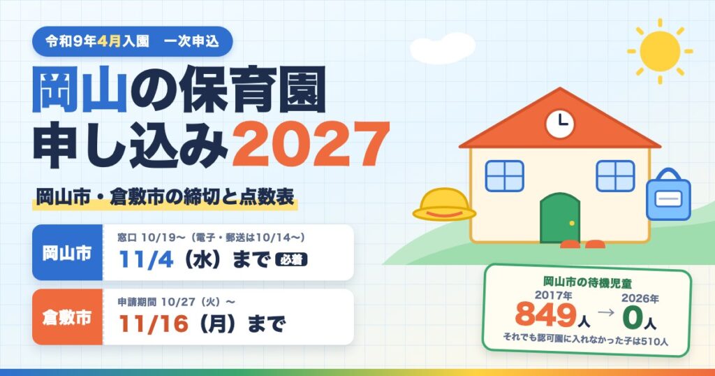 岡山の保育園申し込み2027(令和9年4月入園)岡山市は11月4日必着・倉敷市は11月16日まで、岡山市の待機児童は2017年849人から2026年0人
