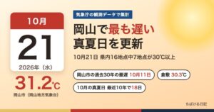 岡山で最も遅い真夏日 2026年10月21日 岡山市31.2℃