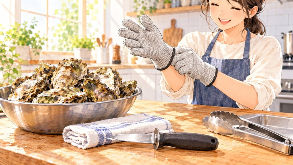 作業台の上に置かれた軍手、刃の短い牡蠣ナイフ、たたんだタオル、トング、殻付きの牡蠣