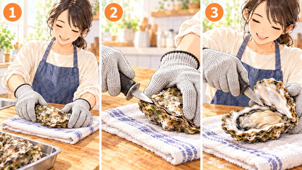 殻付き牡蠣の開け方を3つの番号で示した図。1は平らな殻を上にして持つ、2は殻のすき間にナイフを差し込む、3は殻の内側に沿って貝柱を切る