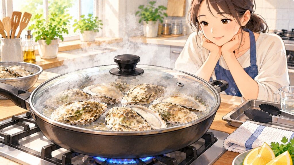 フライパンに殻付きの牡蠣を並べ、少量の水を入れてふたをして蒸し焼きにしている様子
