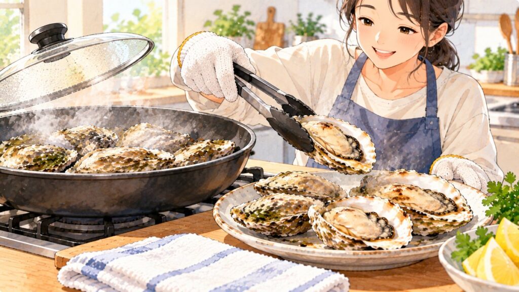 加熱して殻が少し開いた牡蠣を、軍手をした手とトングで安全に取り出している様子