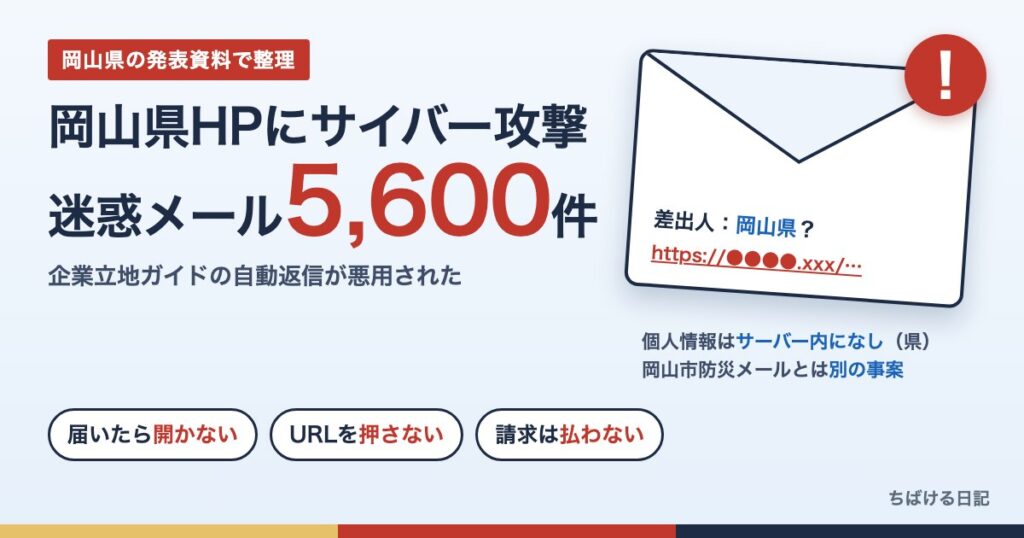 岡山県HPにサイバー攻撃 迷惑メール約5,600件（やっぱり岡山！企業立地ガイド）
