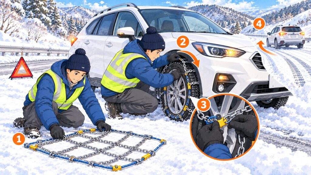 タイヤチェーンを広げ、タイヤに掛け、留め具をつなぎ、少し走って締め直す4つの手順を番号1〜4で示したイラスト