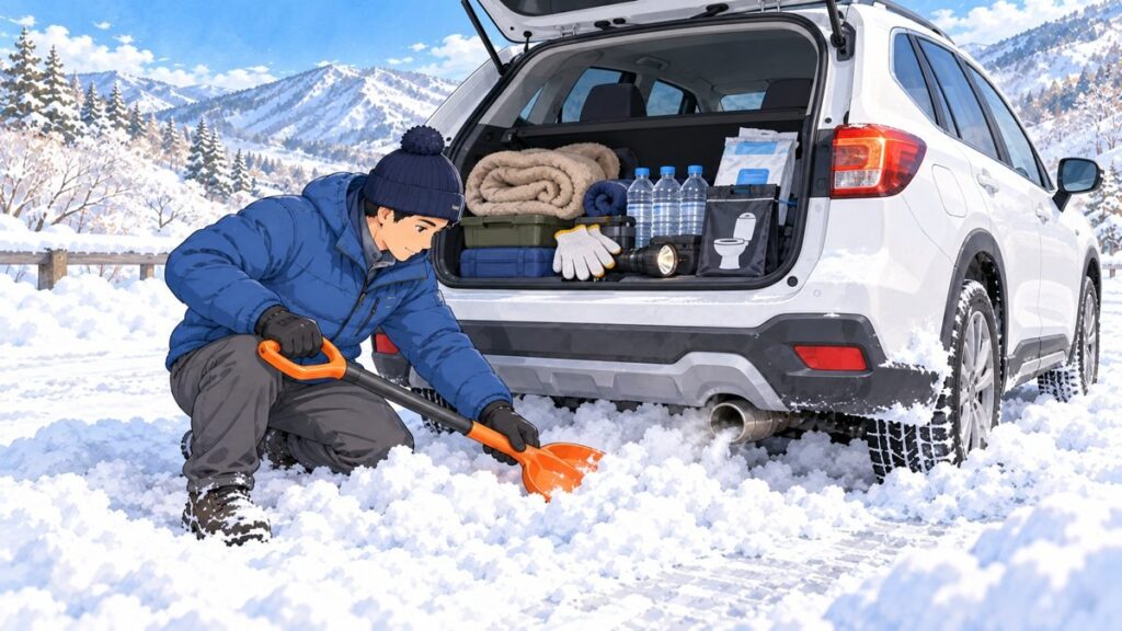 車のトランクに毛布・スコップ・飲み物・携帯トイレ・懐中電灯を積み、マフラー周りの雪をスコップでかく人のイラスト