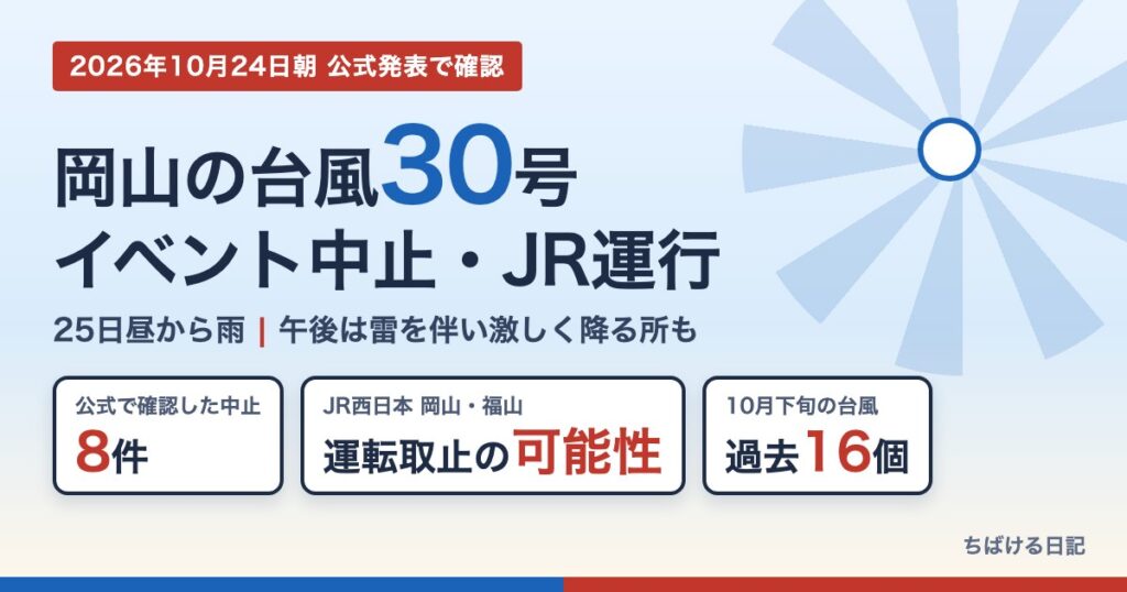 岡山の台風30号の影響 イベント中止とJR運行情報(2026年10月24日朝時点)