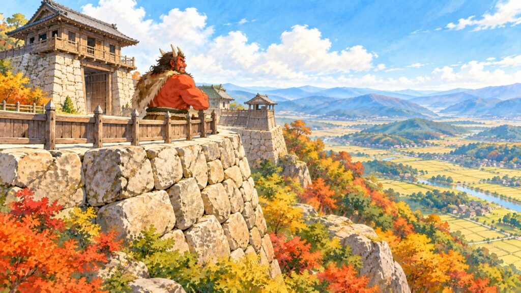 山の上に築かれた古代の石垣の城壁。急な斜面の上に石垣と土の城壁がめぐり、城門が見える鬼ノ城のイメージ