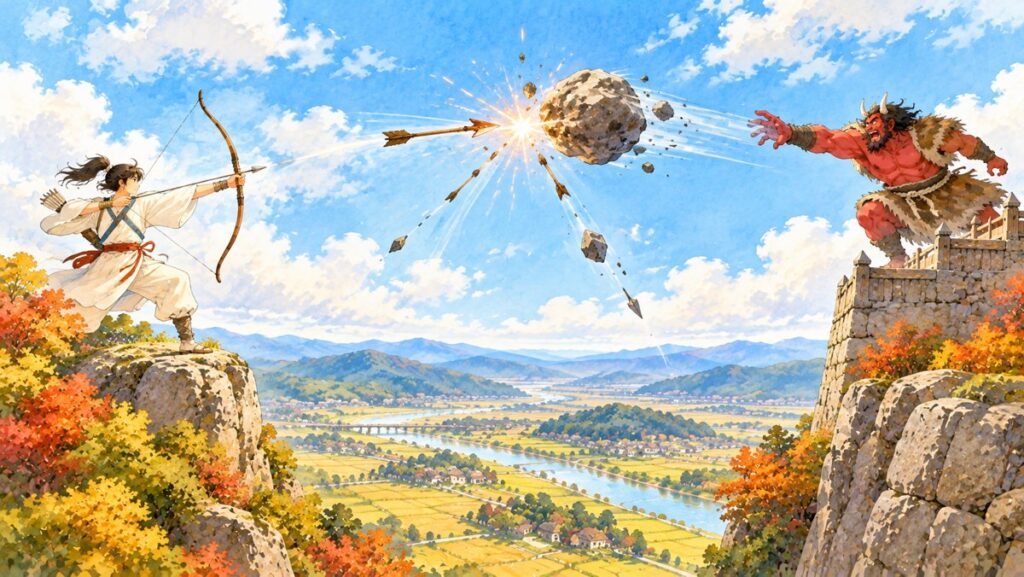 空中で吉備津彦命の放った矢と温羅が投げた大きな岩がぶつかり、矢と岩が地上へ落ちていく場面