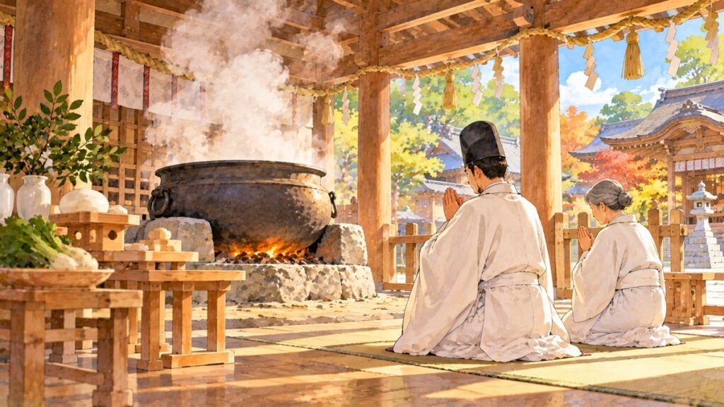 神社の御竈殿で大きな釜から湯気が上がり、そばで神職と女性が手を合わせて祈っている鳴釜神事のイメージ