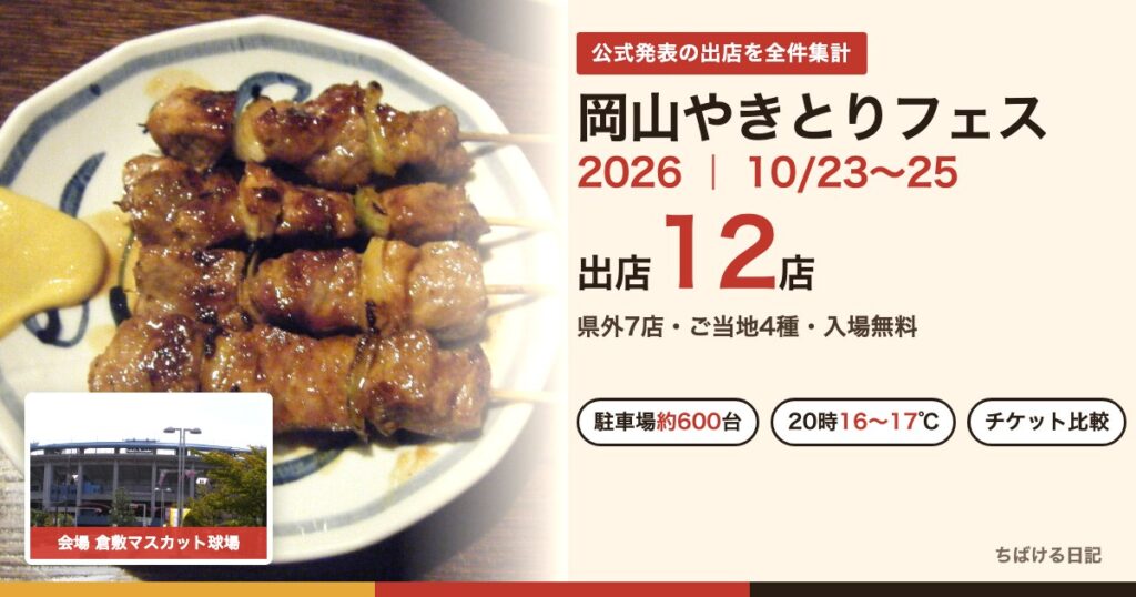 岡山やきとりフェス2026 出店12店・10月23日〜25日 倉敷マスカット球場