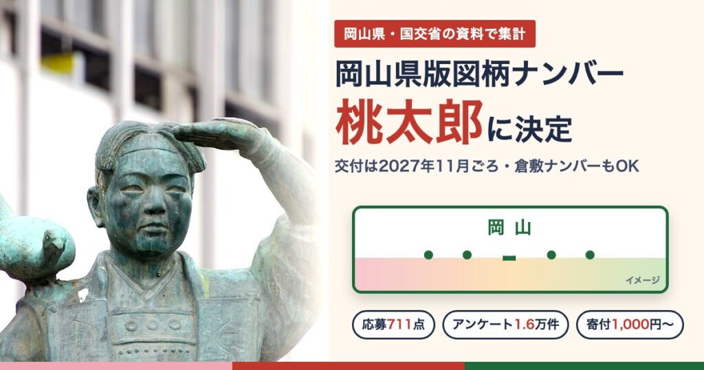岡山県版図柄ナンバーは桃太郎に決定（岡山市の桃太郎像）